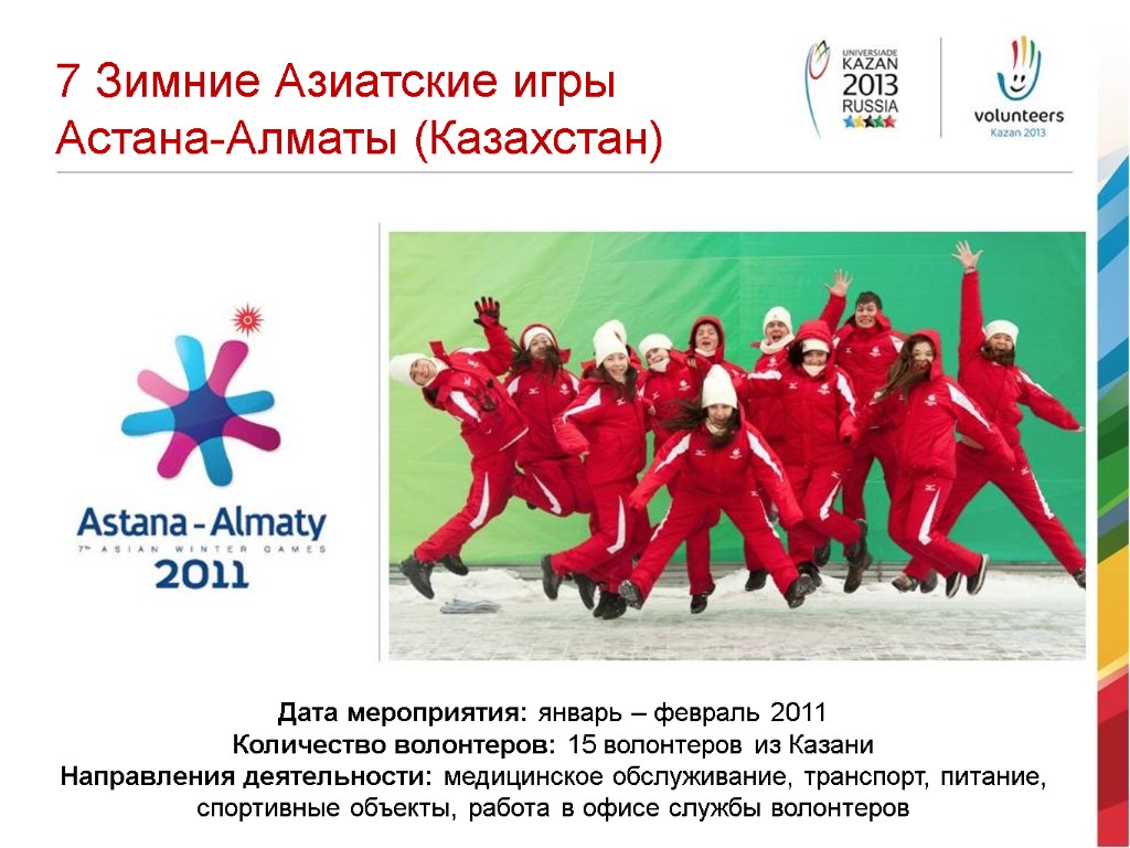 7 Зимние Азиатские игры Астана-Алматы (Казахстан) Дата мероприятия: январь – февраль 2011 Количество волонтеров: